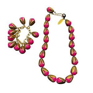 Lenora Dame Pink Tulip Necklace & Bracelet Set Gold Tone Floral Statement Jewelr